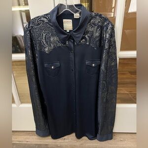 Roper women’s blue button down shirt with paisley sequin detail sz XL